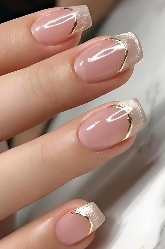 Gold Metallic French Tips - nude nail art idea for women over 40