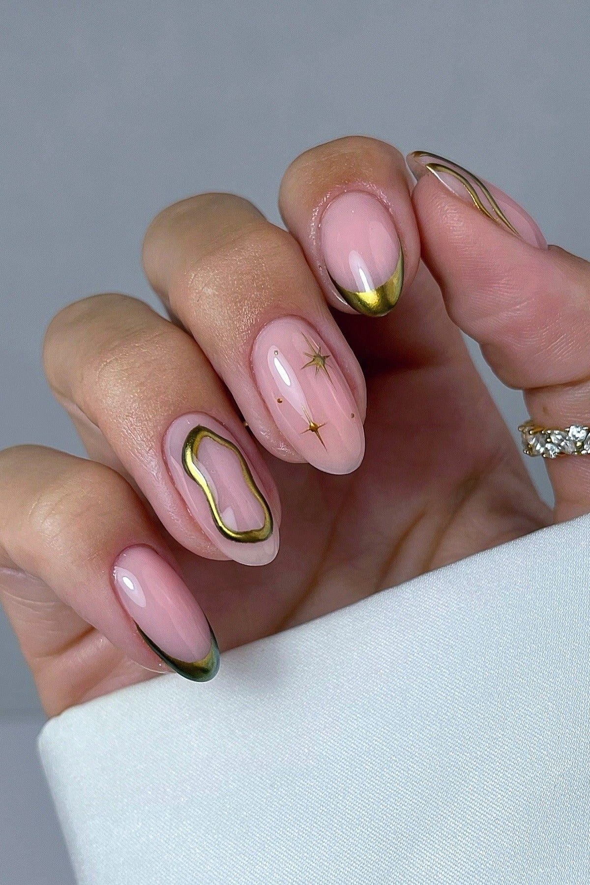 Pink Nails with Gold Chrome Accents - chrome nail designs for women over 60