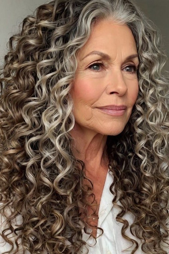Long salt-and-pepper curly three-quarter view - curly hairstyle for women over 60