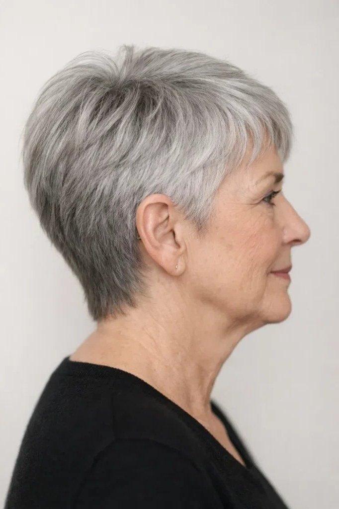 Gray Pixie with Statement Earrings - sassy hairstyle for older women
