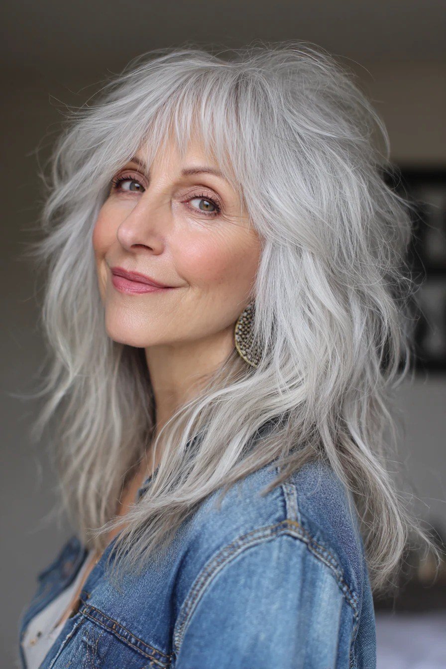 Long white-gray wavy shaggy layers for women over 50