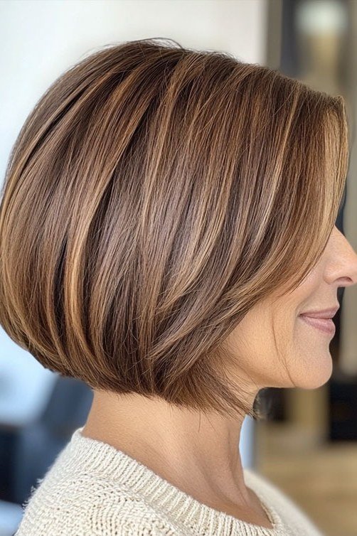 chestnut brown layered bob, side view — chin-length layered bob hairstyle for women over 50