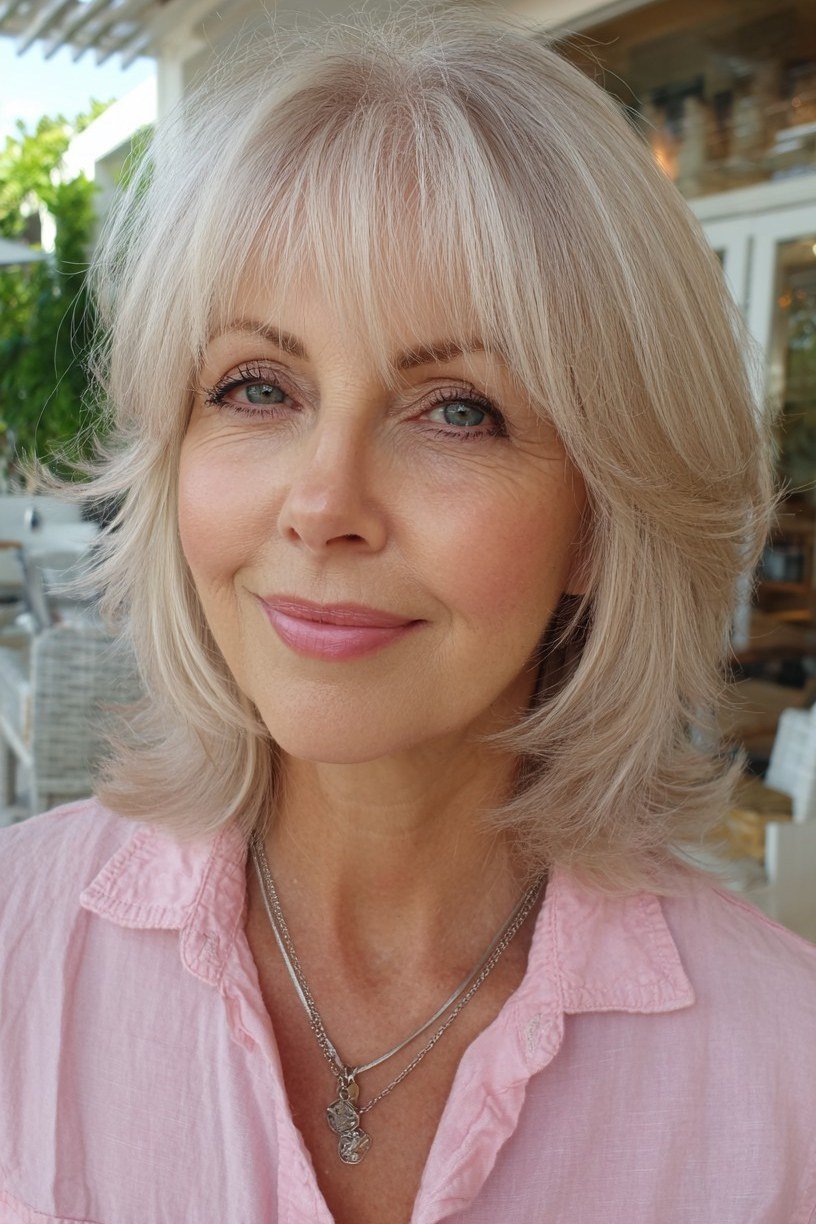 Silver-Blonde Butterfly with a Rosy Glow - butterfly cut hairstyle for women over 60