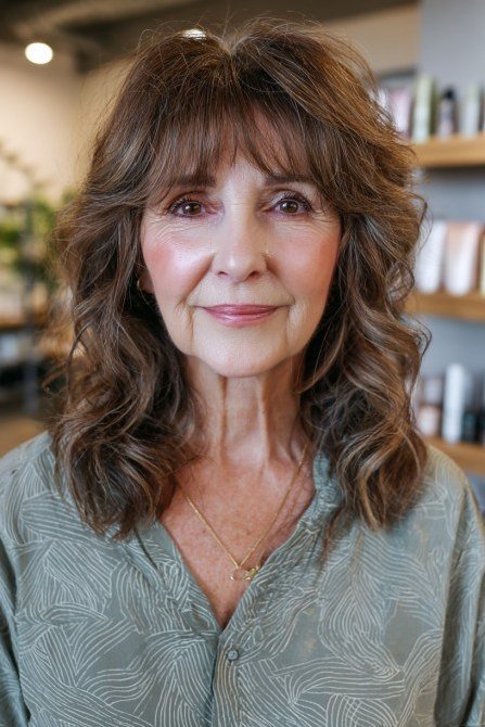 Brunette curly medium cut with voluminous ringlets and bangs for women over 60