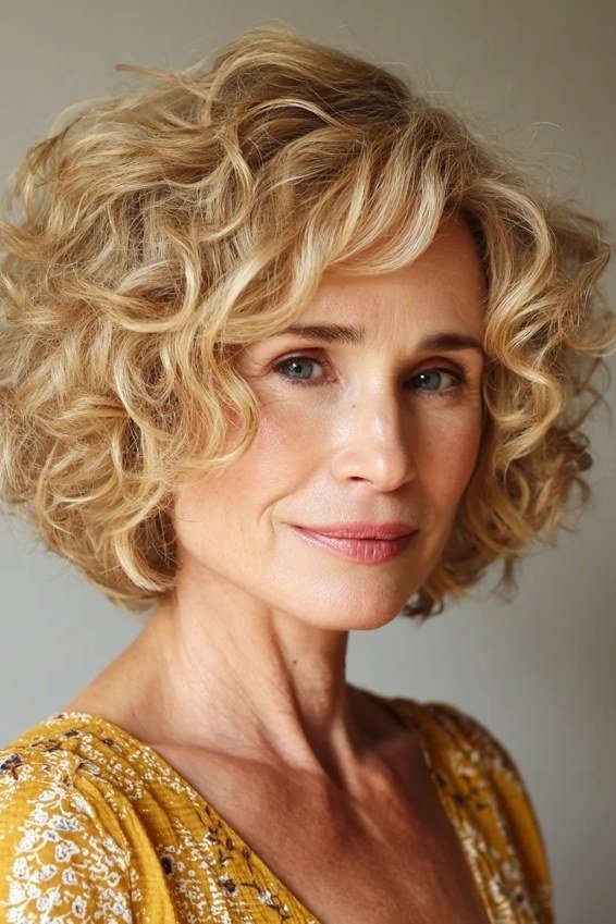 Bright blonde curly lob, front view, mature woman