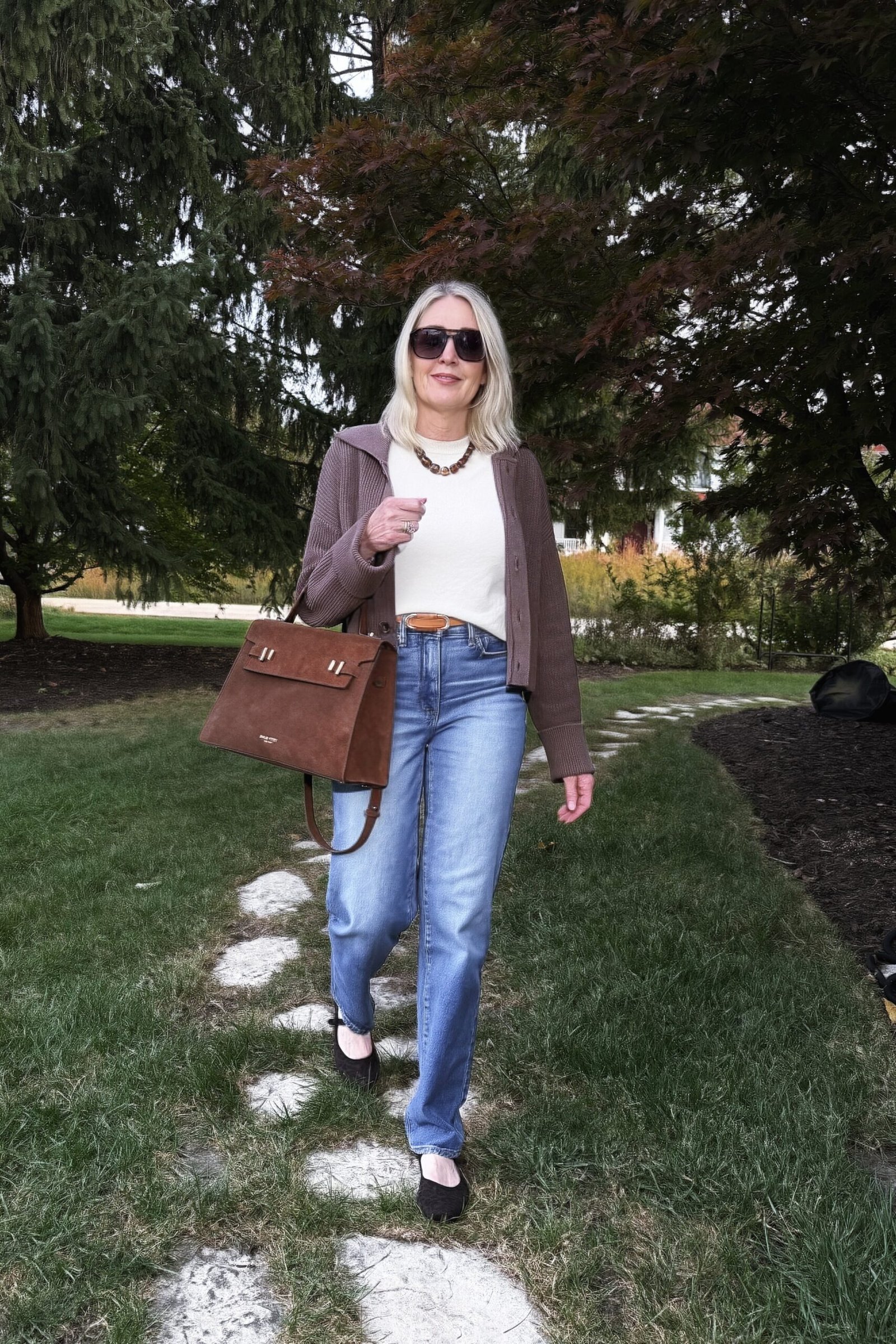 Brown Jacket with a White Tee and Jeans on a woman over 50, fall outfit idea