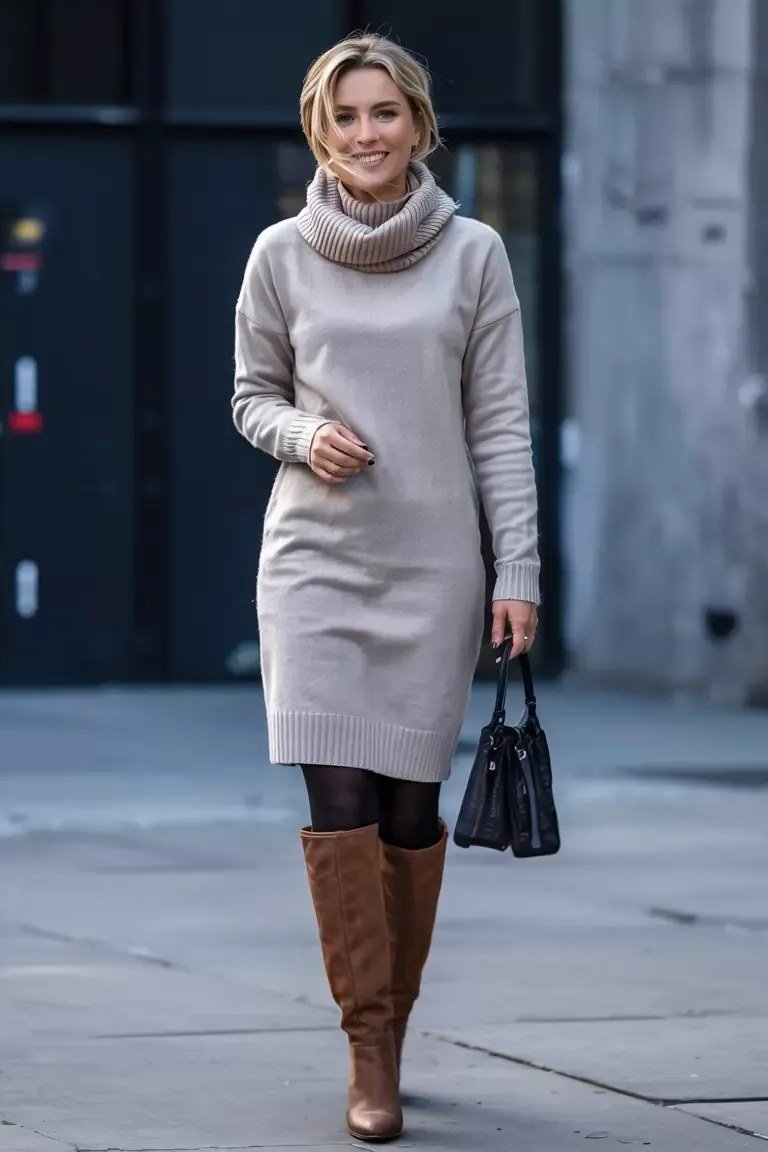 Gray turtleneck sweater dress with brown knee boots and black tights, fall outfit for women over 50