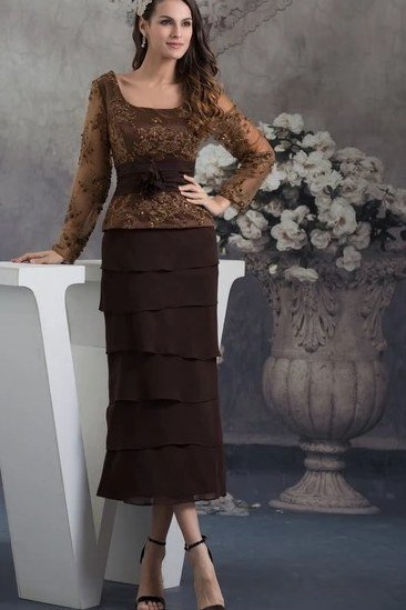 Brown lace top with dark brown tiered midi skirt - wedding guest outfit for women over 50