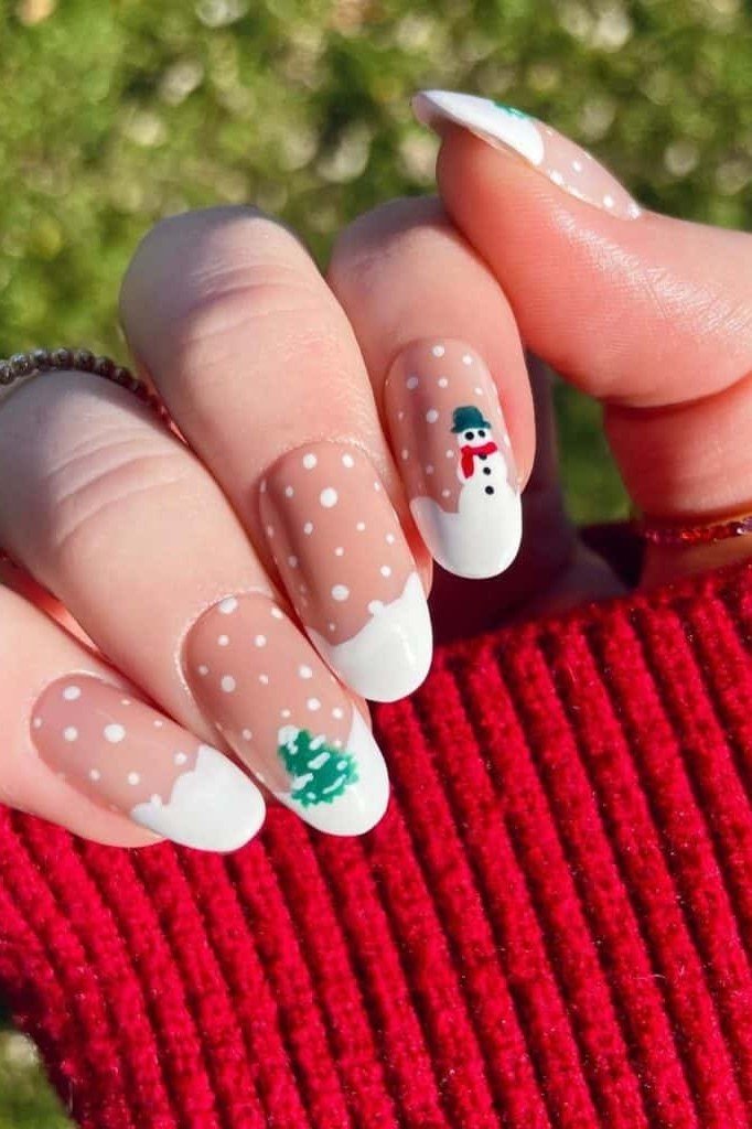 Nude Snowman and Tree Nails, fun winter nail idea for women over 60