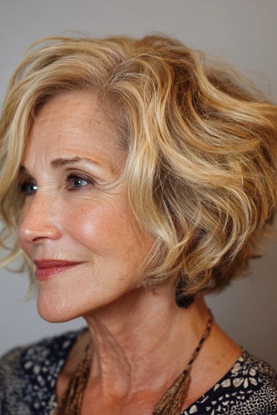 Blonde tousled wavy bob for women over 60