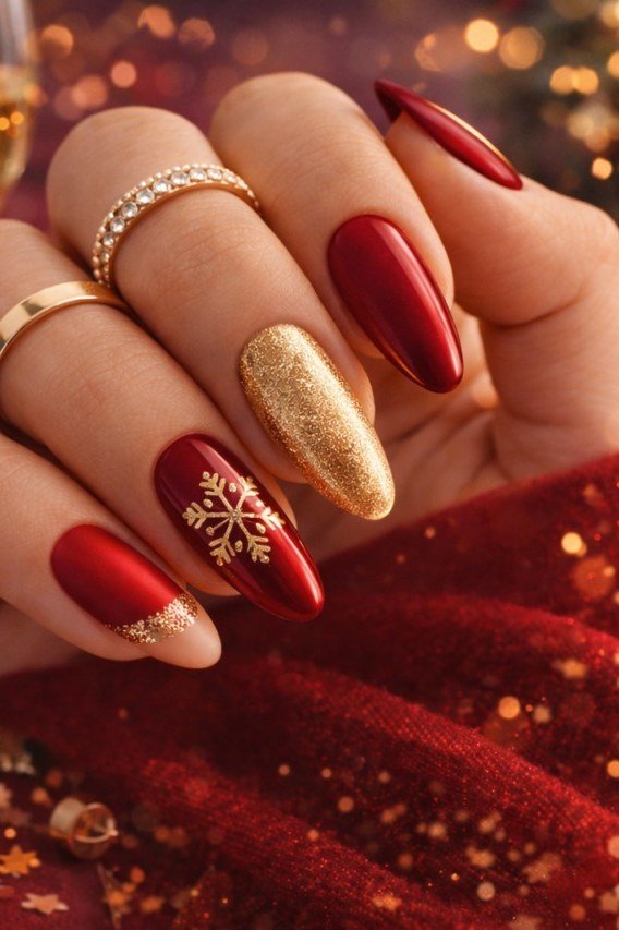 Red and gold nails with festive accents by Christmas candles - classy Christmas nail idea for women over 70