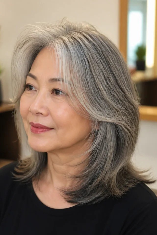 Sleek straight silver-gray medium haircut on an older woman, front view, medium hairstyle for women over 60