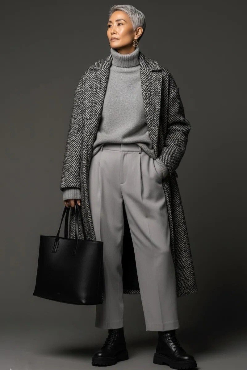 Head-to-toe gray layers with a gray midi coat, turtleneck, and trousers for women over 50 at work