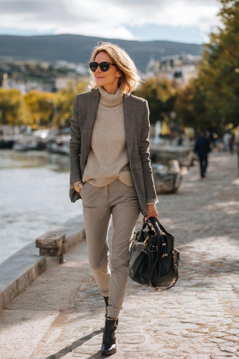 Grey Blazer with Taupe Trousers - fall outfit for women over 40