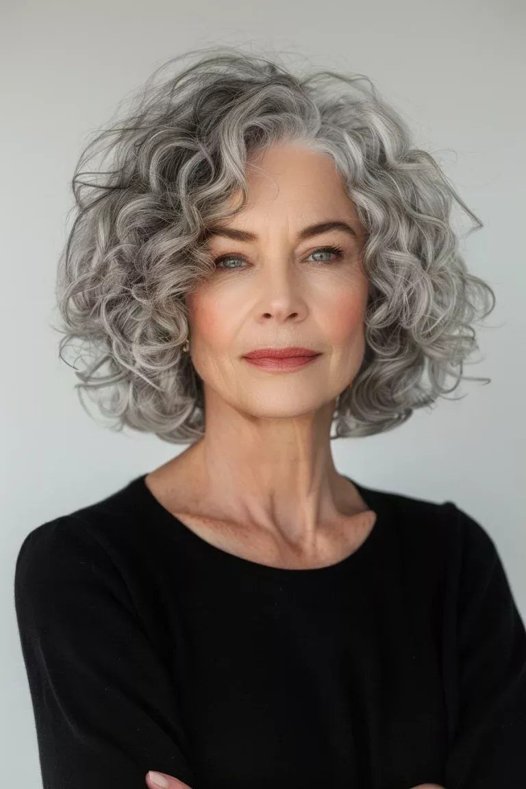 Classic gray curly bob haircut for women over 50