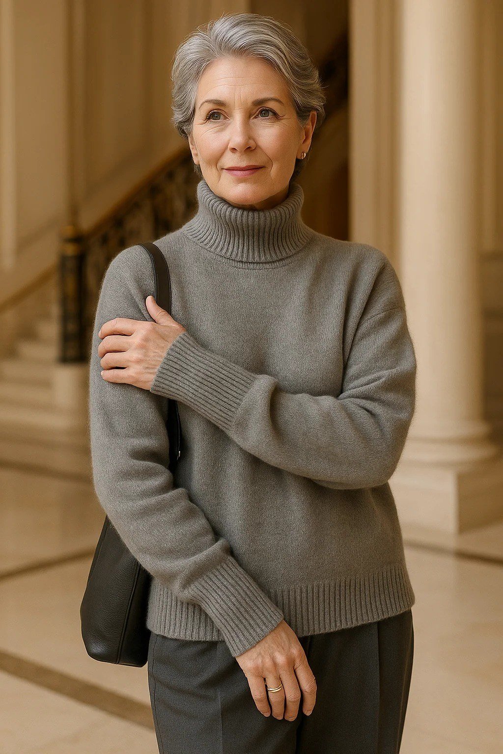 Taupe-grey turtleneck sweater with dark trousers in doorway, cozy sweater outfit idea for women over 70