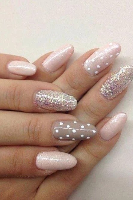 taupe nails with glitter polka dot accent nails