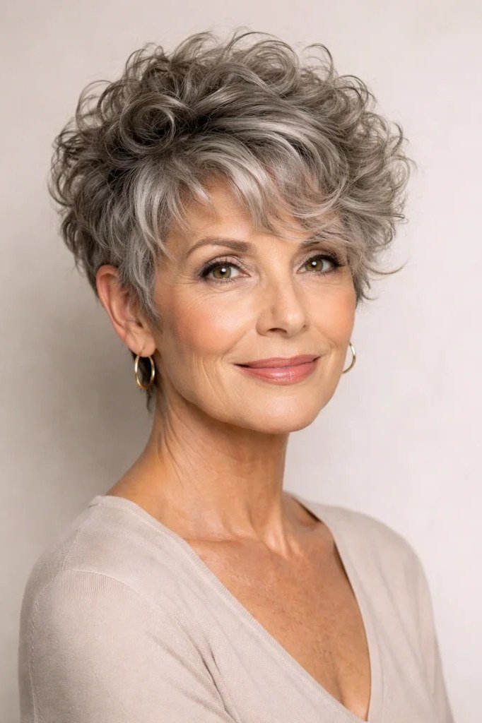 Curly gray short pixie haircut for women over 60, front view