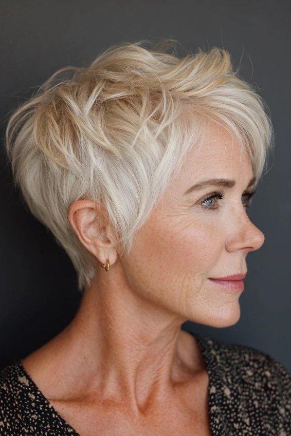 blonde textured layered pixie for women over 50 side view