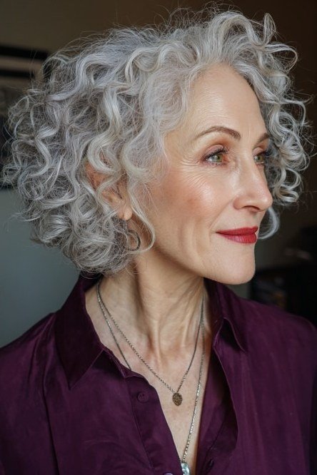 Curly silver bob, front view, purple shirt, short layered bob hairstyle for women over 60