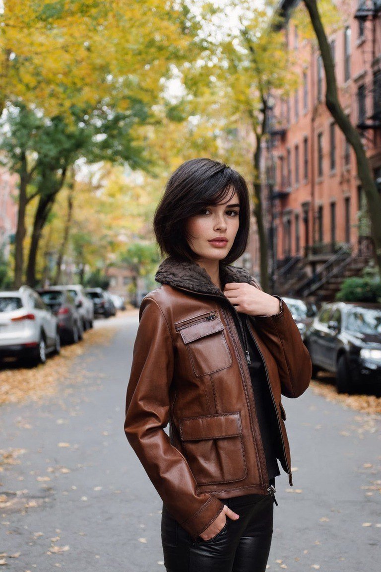 Cognac leather jacket with black pants fall outfit idea for women over 60