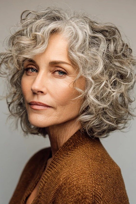 Grey Curly Bob With Bounce - short curly hairstyle for women over 60