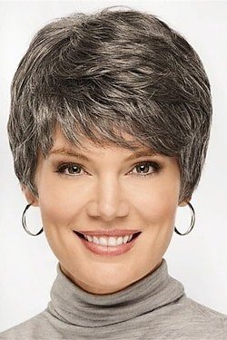 Dark grey pixie with full bangs, front view for women over 60