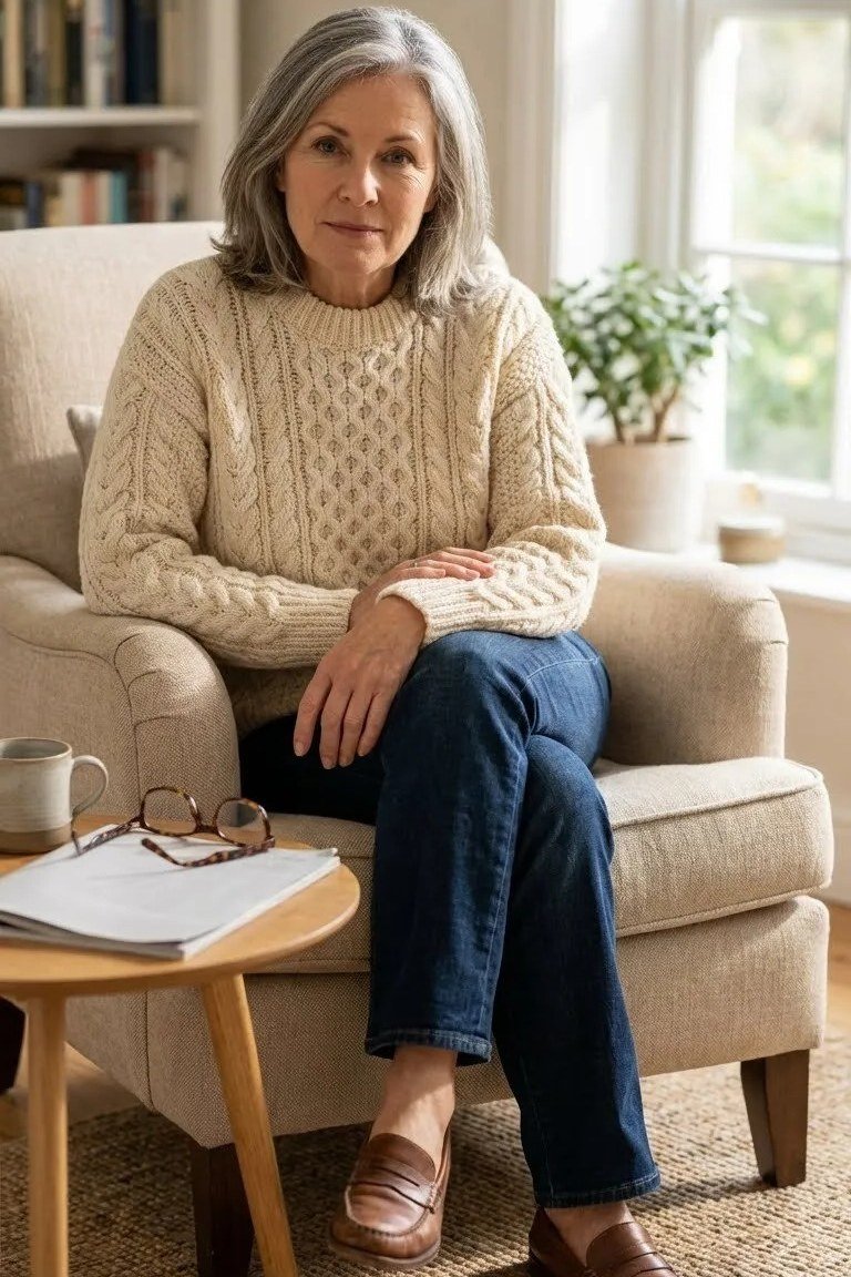 Older woman in a cream cable knit sweater with blue jeans, seated