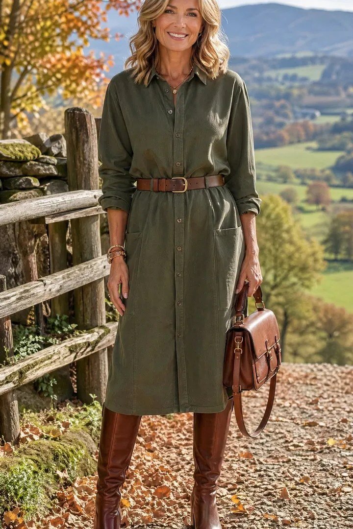 Olive shirt dress with a brown belt and brown knee-high boots, countryside weekend outfit for women over 40