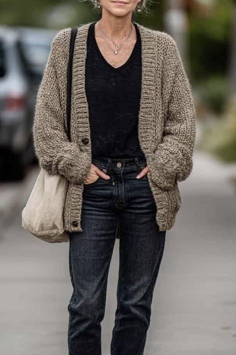 Chunky brown cardigan over black top with dark jeans, casual October outfit over 50