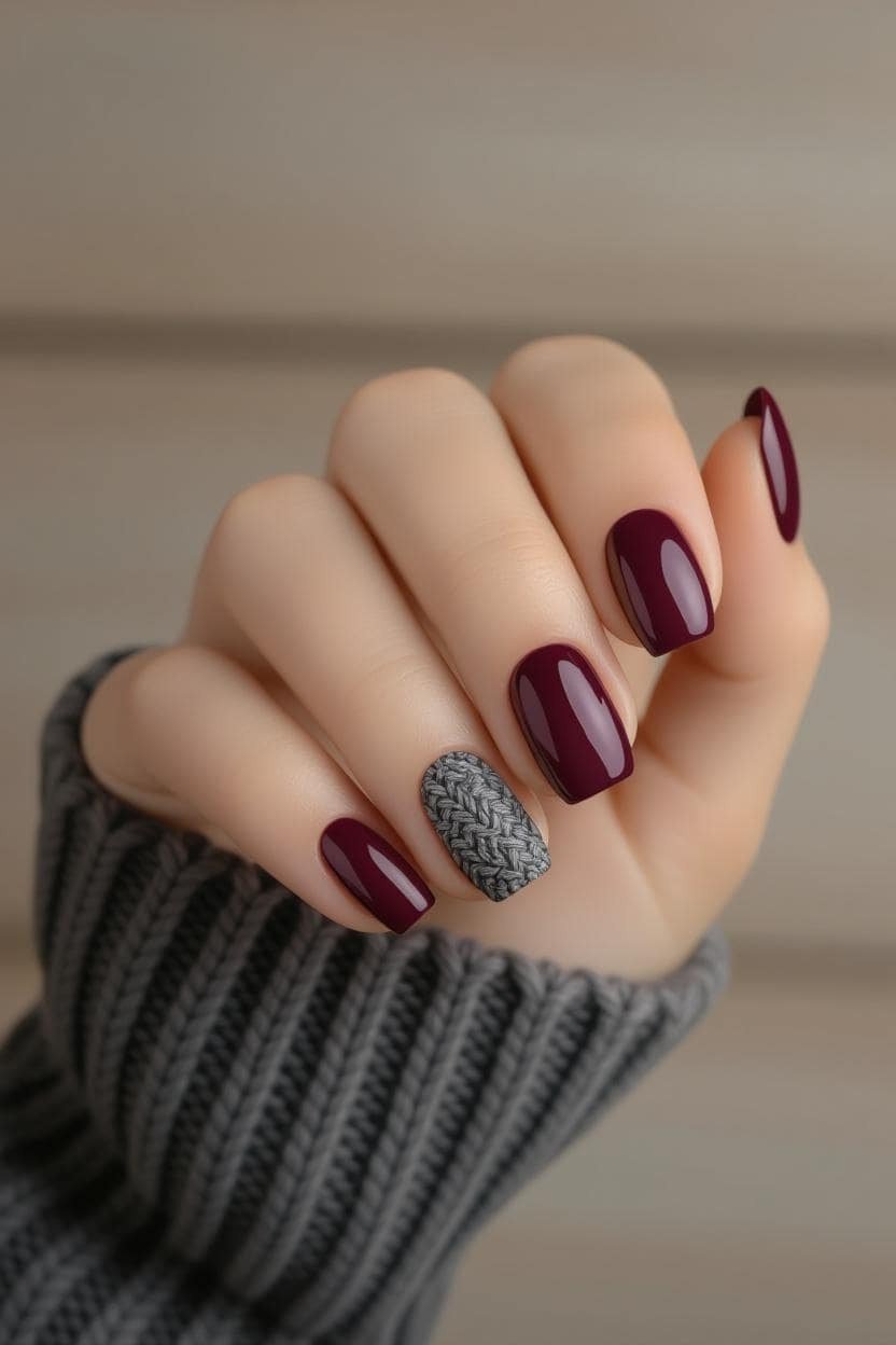 Burgundy nails with glitter accent nail, fall nail design for older women