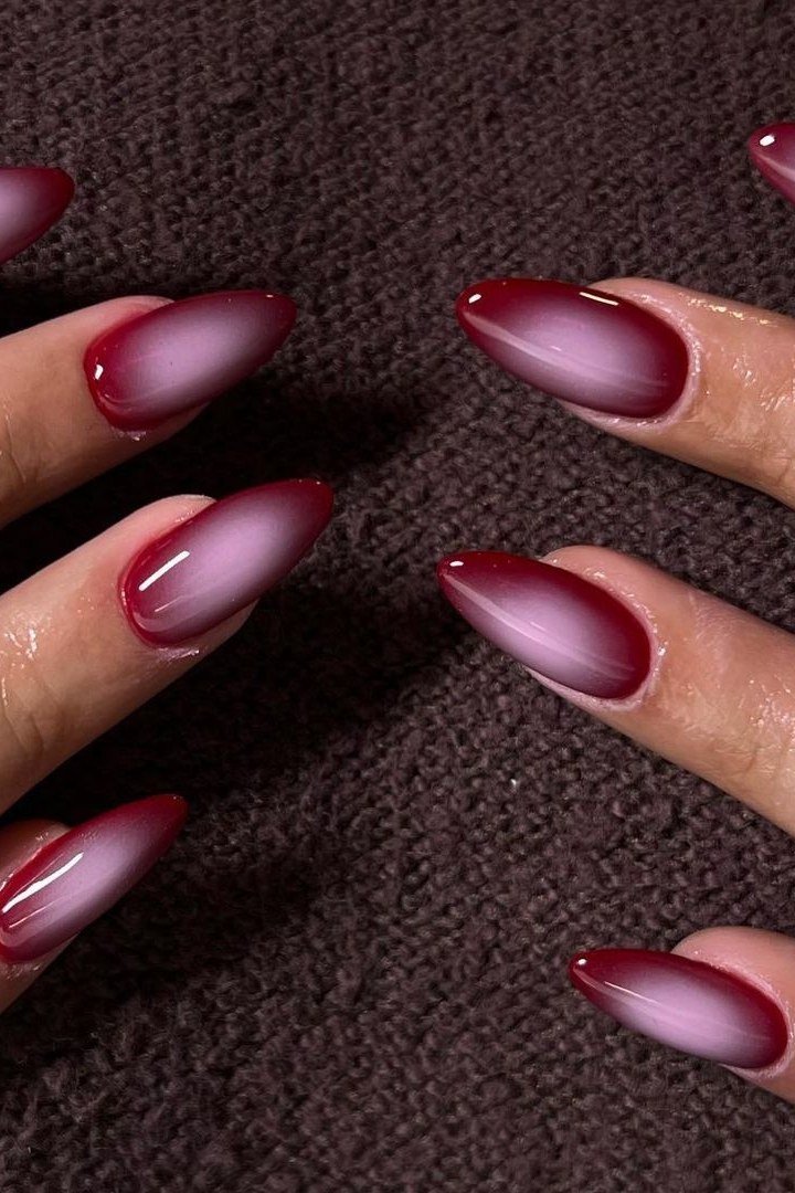 Burgundy ombre on almond nails, ombre nail design for women over 60