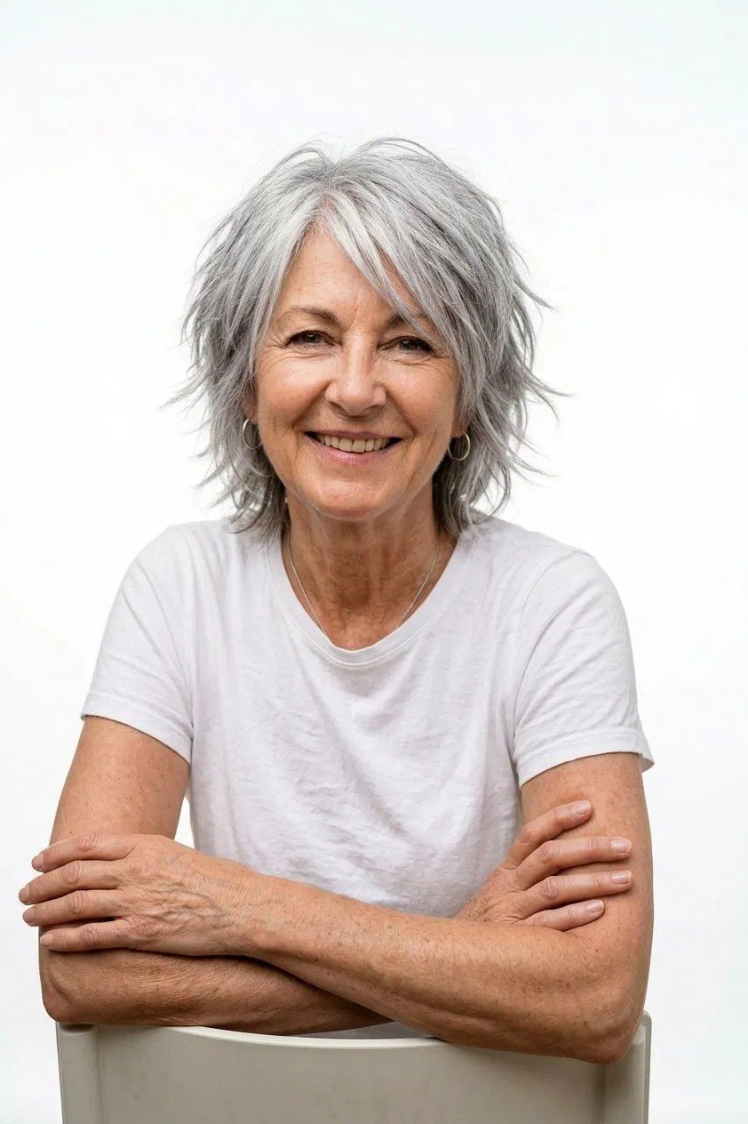 medium silver straight layers, front view, medium length hairstyle for women over 60