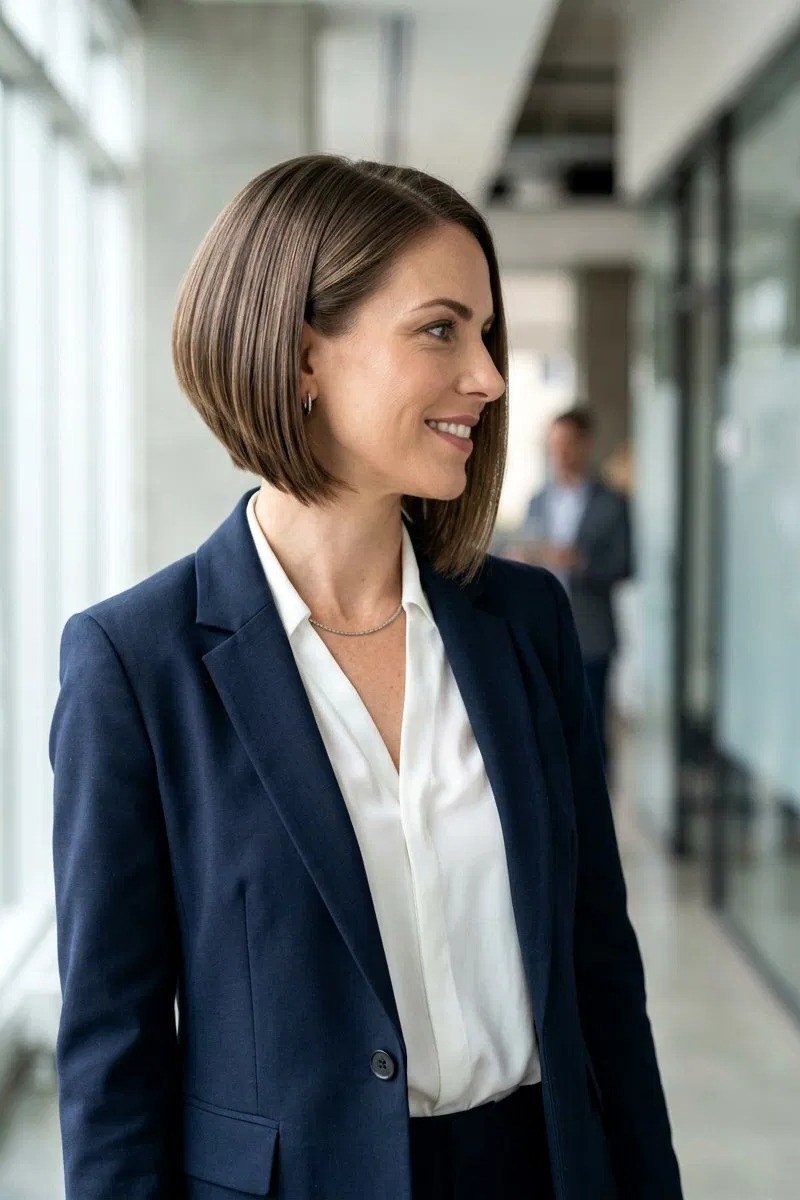 Straight center-part shoulder-length bob for women over 40
