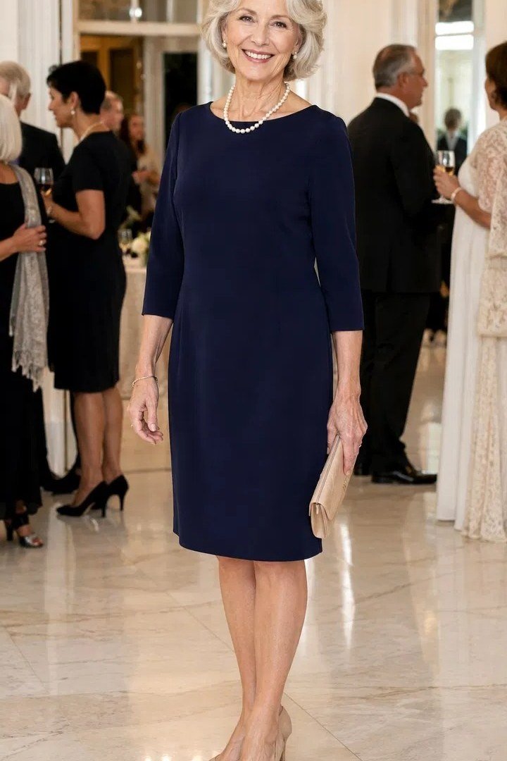 Navy Knee-Length Sheath with 3/4 Sleeves - evening outfit for women over 60