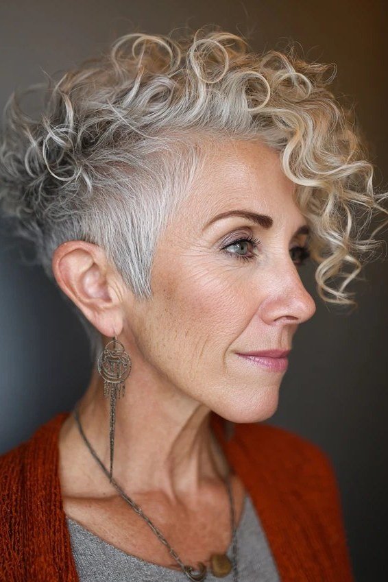 Silver pixie with curly crown for older women