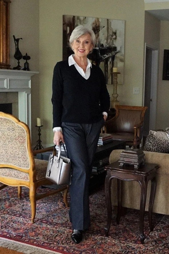 Black cardigan with grey trousers for women over 70