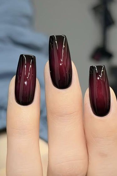 Dark burgundy glossy square nails for women over 50
