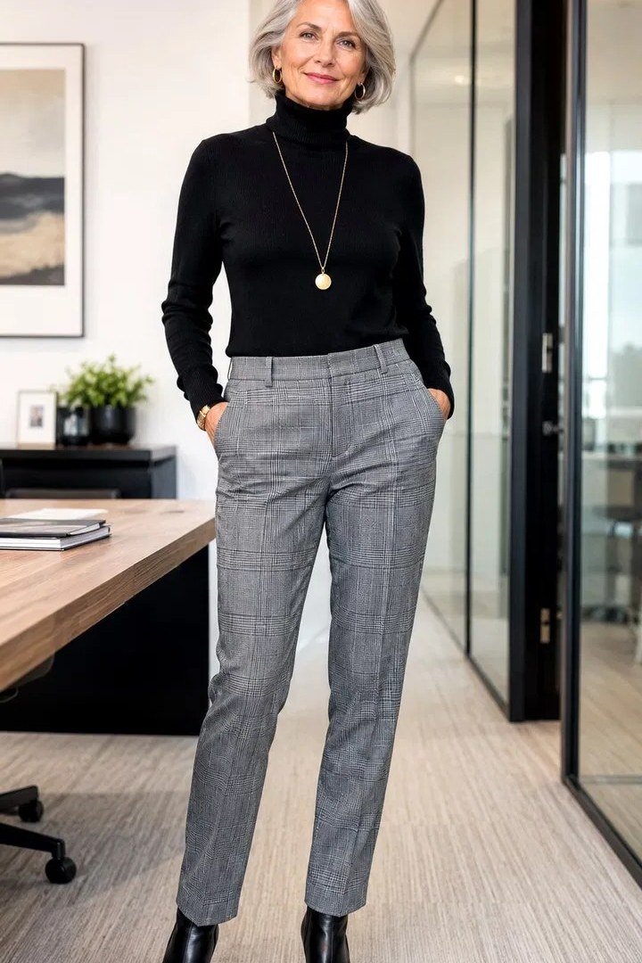 Woman over 50 wearing a black turtleneck with gray plaid trousers