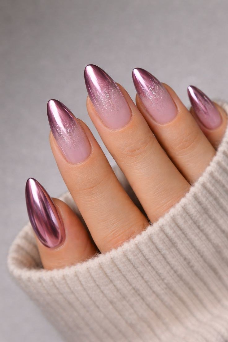 Mauve Chrome Ombre Almond Nails, elegant mauve nail idea for women over 60