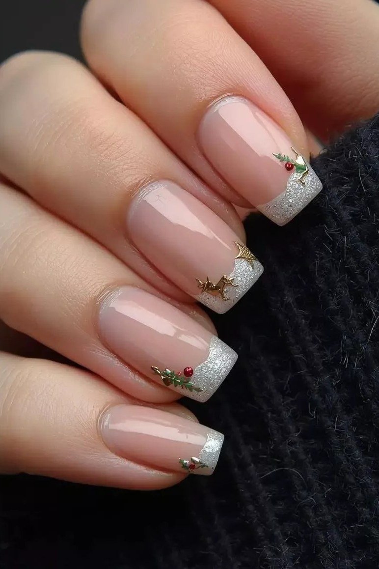 nude nails with white and gold glitter french tips