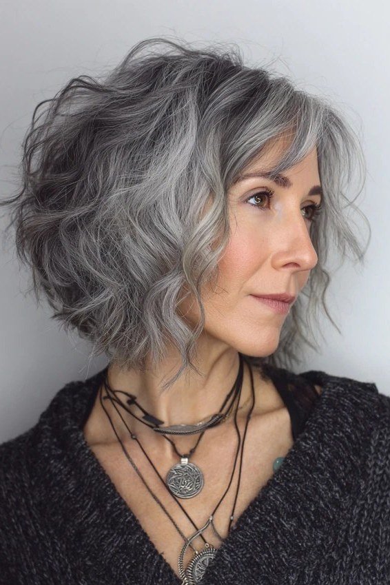 Grey Wavy Shag with Layers - shaggy bob haircut for women over 60