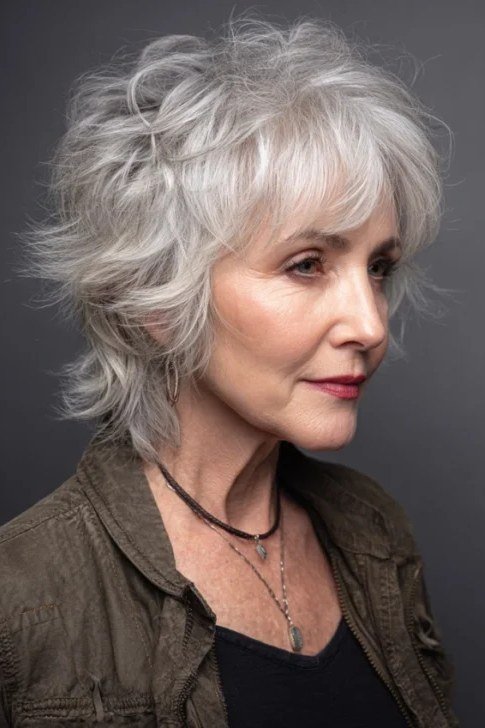 Silver curly shag, side view, woman in her 60s
