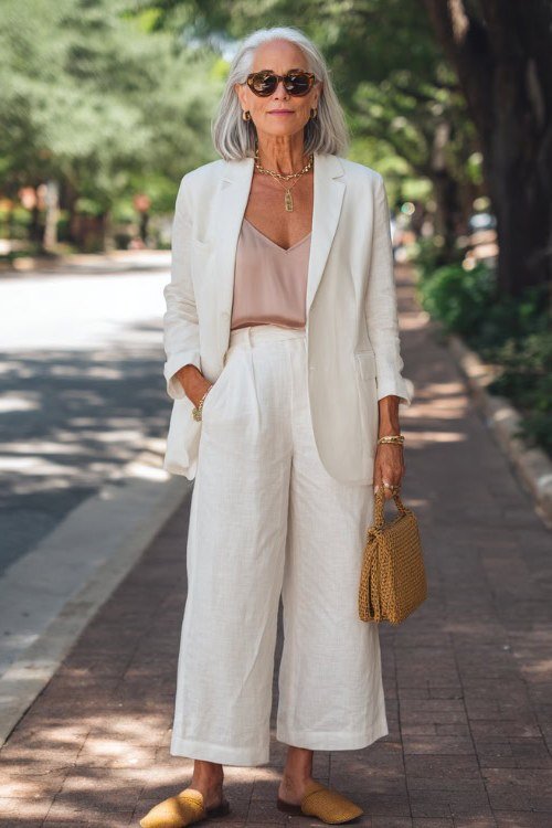 White blazer with blush top and white cropped trousers for women over 50