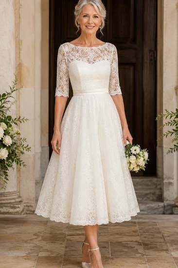 ivory fit-and-flare lace midi dress, interior,, elegant wedding guest dress for women over 60