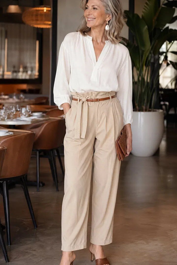 White Blouse With Tan Pleated Wide-Leg Trousers, smart casual outfit for women over 50