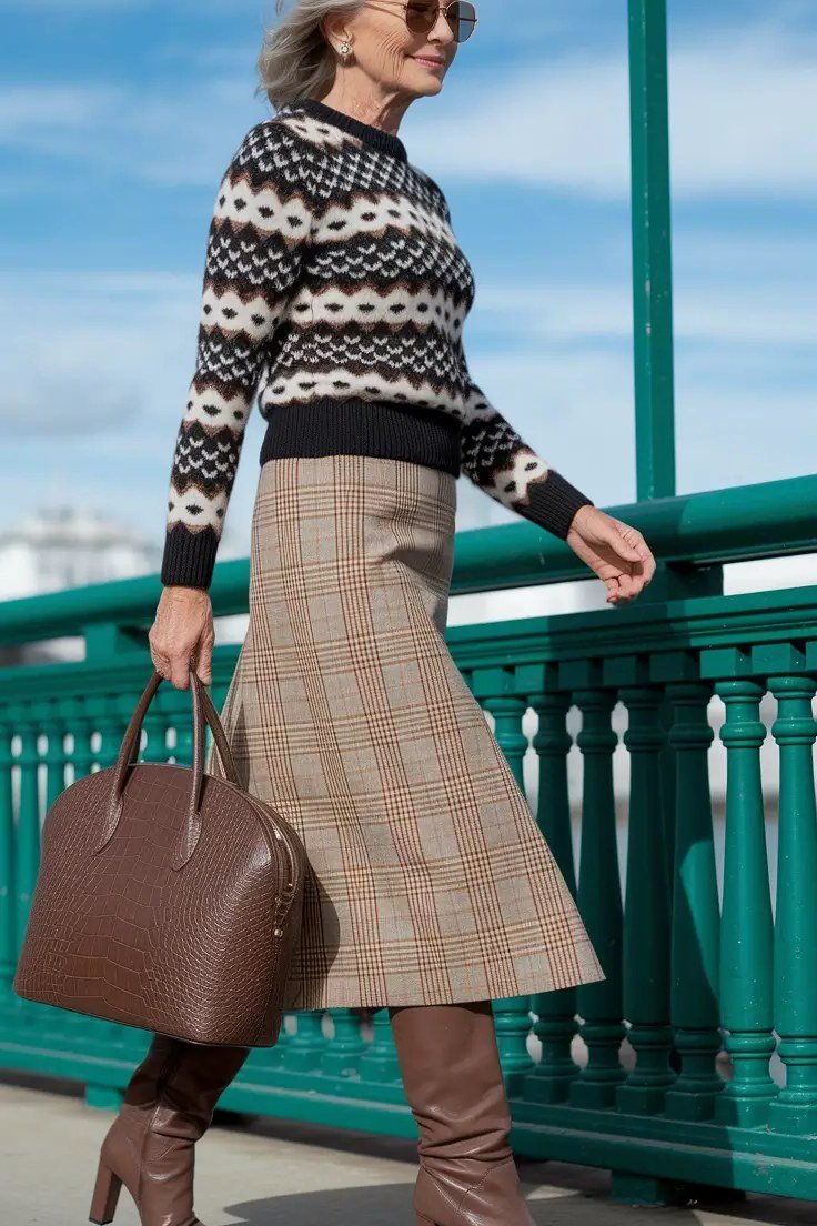 fair isle sweater and plaid midi skirt fall outfit for women over 60