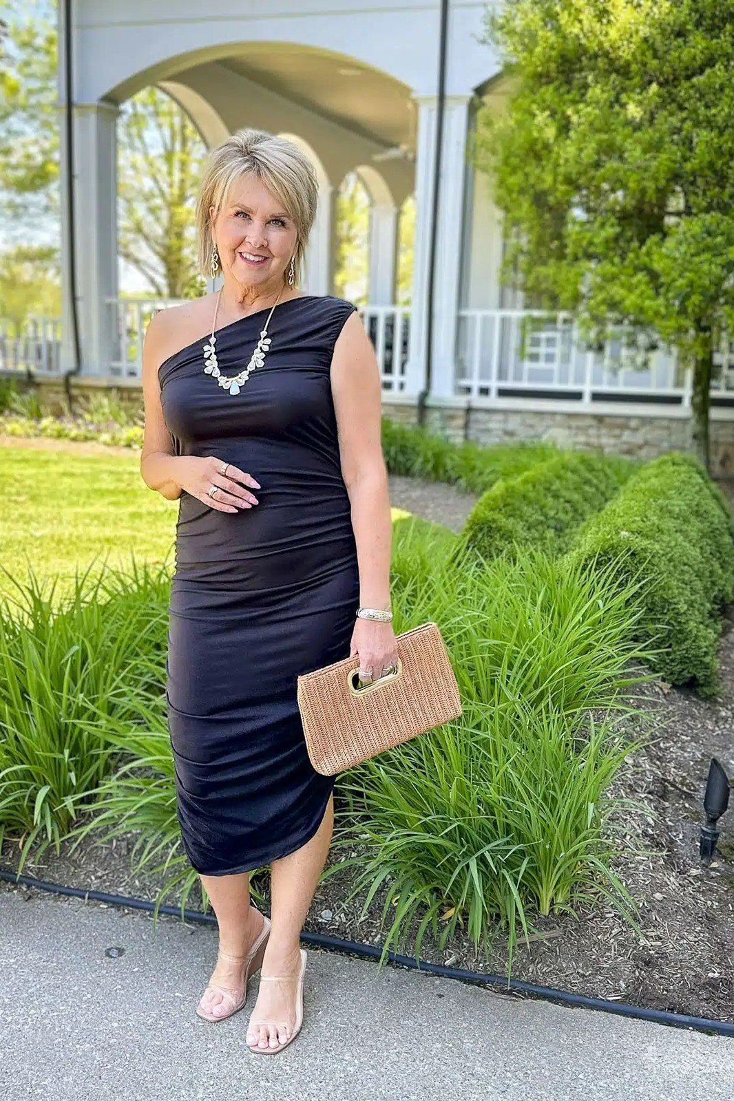 Black ruched one-shoulder midi dress for women over 50