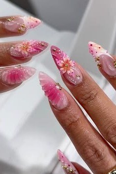 Pink Almond with Floral Art - elegant nail art idea for mature hands, women over 50