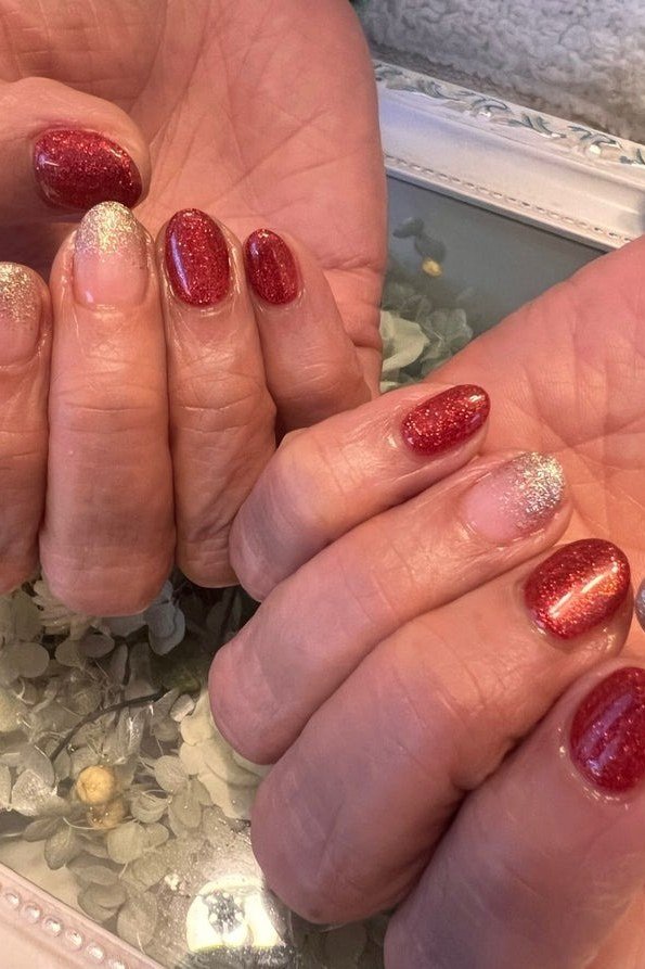 Ruby Red Glitter Gold Accent Nails - ruby red glitter gold accent older hands, glitter winter nail design for women over 60